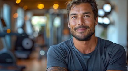 Fototapeta premium Handsome confident smiling masculine young sportsman man hold hands crossed folded looking camera