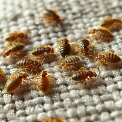 Bedbug colony on white sheet on bed in the bedroom, Bed Bug (Cimex lectularius)
