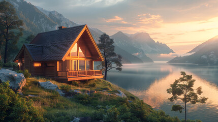 A hyperrealistic image of a wooden house with a triangular roof and a porch. The house is located on a hillside with a view of the mountains and the lake. - Powered by Adobe