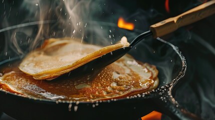 A pancake being flipped by a black spatula in a frying pan Close up. with copy space image. Place for adding text or design - obrazy, fototapety, plakaty