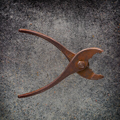 A slightly rusted pair of drop forged pliers showing the patina of many years of use.