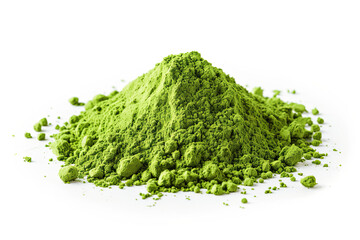 pile of green matcha powder isolated on white background