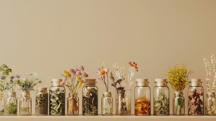 Herbal apothecary aesthetic. Jars with dry herbs and flowers on a beige background in the interior. - obrazy, fototapety, plakaty