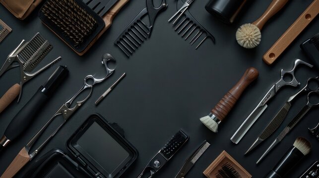 Professional barber tools set equipment on black floor background. AI generated image