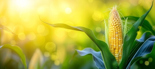 Close up of corn cobs in a corn field with blurred farm background and copy space - Powered by Adobe