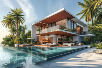 Fototapeta premium luxurious modern house with a swimming pool and lounge area. modern house exterior with a minimalist design