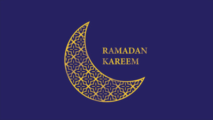 crescent moon with islamic pattern and ramadan kareem  phrase isolated on dark blue background. Vector illustration