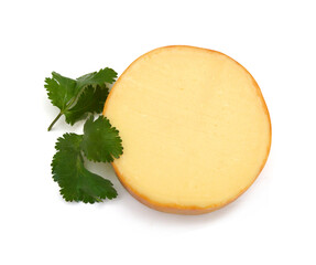 Piece of cheese isolated in bowl on a white background
