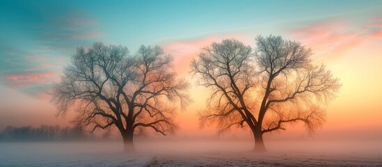 Fototapeta na wymiar Majestic landscapes: captivating view of two trees standing tall in thick fog