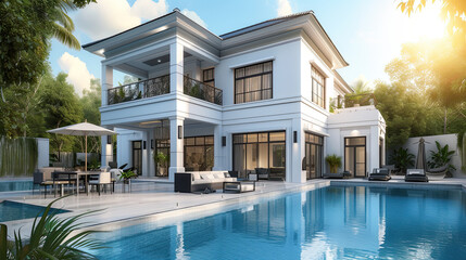 luxurious modern house with a swimming pool and lounge area. modern house exterior with a minimalist design