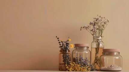 Herbal apothecary aesthetic. Jars with dry herbs and flowers on a beige background in the interior.
