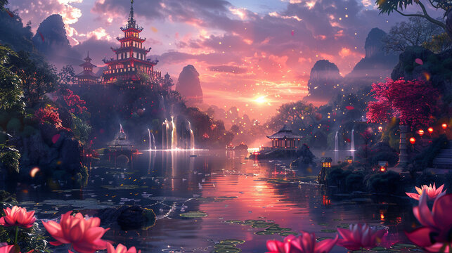 A magical realm where Radha and Krishnas love blossoms set against a backdrop of celestial wonder