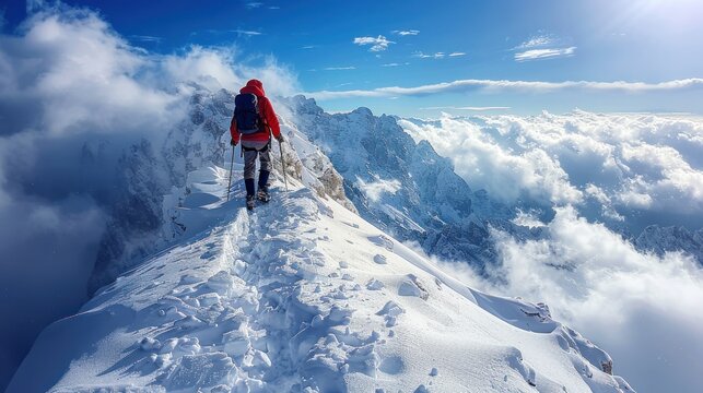 Mountain climber on a steep narrow snow ridge, extreme alpinist mountaineer,