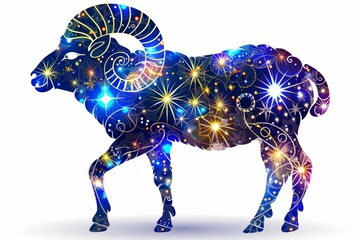 Vector illustration of aries zodiac sign glowing in blue color on white background - obrazy, fototapety, plakaty