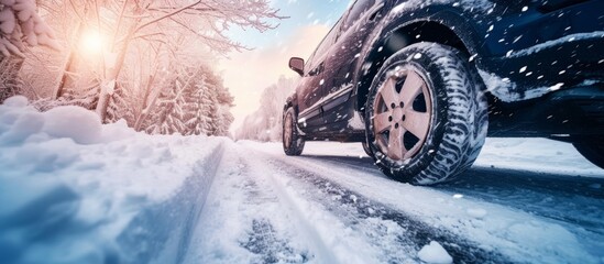 Scenic winter drive on a snowy road with a car traveling through the snow-covered landscape