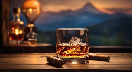A glass with whiskey and a cigar