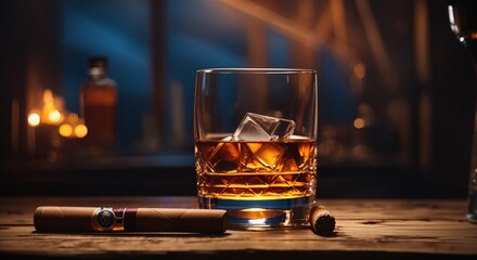 A glass with whiskey and a cigar - obrazy, fototapety, plakaty
