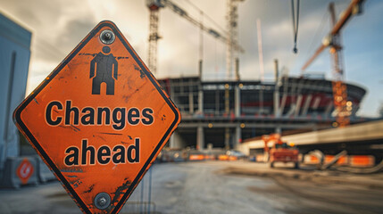 A "Changes ahead" sign near a city sports stadium undergoing renovation, with cranes and scaffolding in the background, Changes ahead, blurred background, with copy space