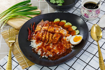 Barbecued crispy pork in sauce with rice