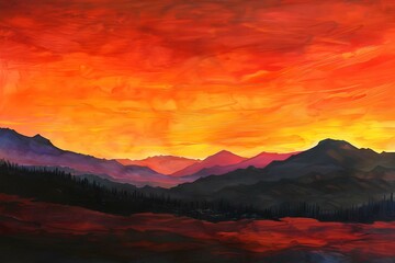 Fototapeta premium Spectacular sunset over mountains painting the sky and land in warm hues. Concept Sunset Photography, Mountain Silhouettes, Warm Color Palette, Nature's Beauty, Landscape Art