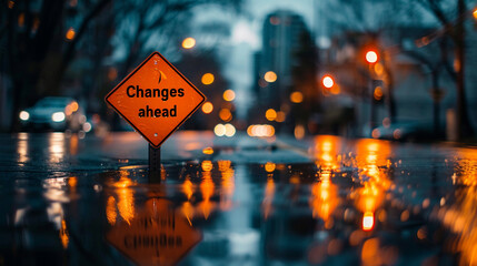 A "Changes ahead" sign reflected in a puddle after a rainstorm, symbolizing the aftermath of change, Changes ahead, blurred background, with copy space