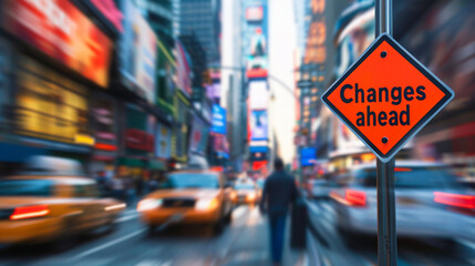 A "Changes ahead" sign on a busy urban street, with the hustle and bustle of city life moving quickly in the background, Changes ahead, blurred background, with copy space