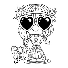 Illustration in black and white of a fun hippie pop girl with heart-shaped glasses, with the lettering pop girl. Coloring page