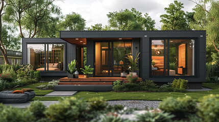 A modern modular home with clean lines and large windows, capturing the sleek simplicity and the connection between indoor and outdoor spaces. - obrazy, fototapety, plakaty