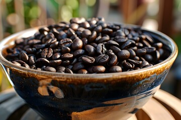 Bowl of Fresh Coffee Beans Ready for Morning Brewing. Concept Coffee beans, Morning routine, Fresh aroma, Brewing methods - obrazy, fototapety, plakaty