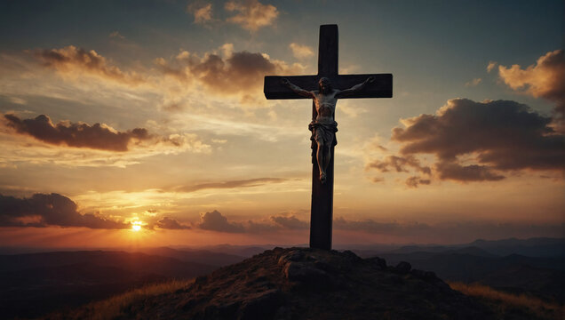 Sunset horizon with the silhouette of the Cross of Jesus Christ, a powerful image portraying Christian religious concepts.