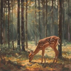 Gentle deer grazing in a peaceful forest, symbolizing harmony with nature. 