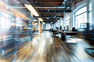 Blurred motion illustrates the bustling rhythm of a modern office space where innovation never rests