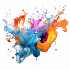 Fototapeta premium big Splash of shiny translucent light blue pink and orange filamentous liquid with many drops