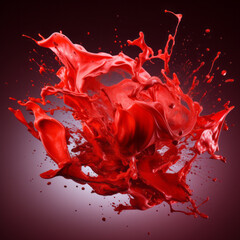 big Splash of satiny red and translucent paint with many tiny drops on a dark red gradient background