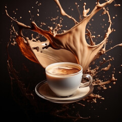 Fantastic Splash wave of milk coffee with many filaments and a dof effect behind a glass cup with a cream coffee and a dark background