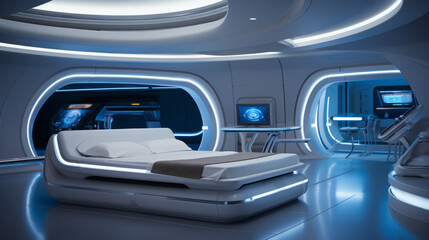 Futuristic spaceship large Bedroom mainly in light blue colors with curved white lines for lighting without window