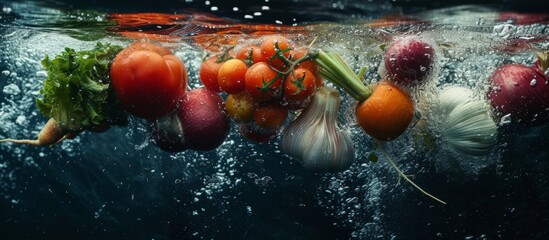 Fresh tomatoes submerged in clear water, vibrant red vegetables floating in refreshing liquid