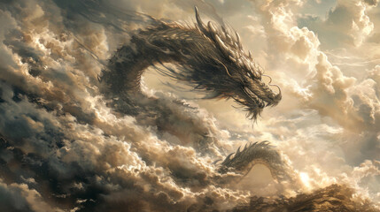 Painting of a large Traditional dark Silver Chinese Dragon flying in the sky with dense and textured clouds and a warm right lightning