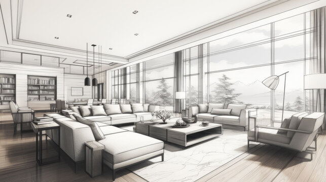 Stylized very Large Living room interior with refined modern style in almost black and white and zen mood with wide windows on a nature view