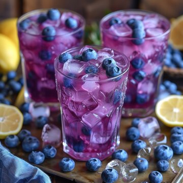 Blueberry citrus summer cooling drink, iced berry mojito lemonade cocktail with blueberries