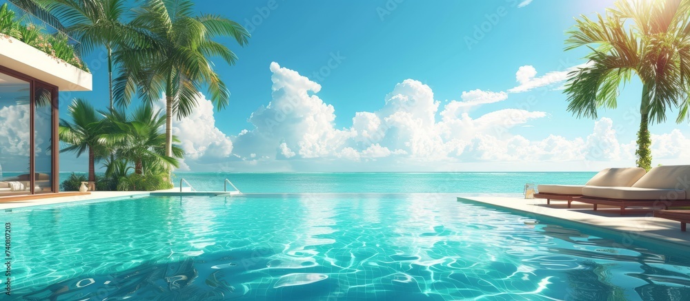 Poster serenity by the sea: relaxing pool with stunning ocean view and palm trees