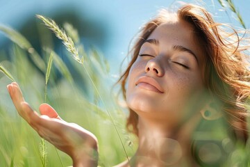 Fototapeta premium Lost in the sweet scent of summer, a woman's closed eyes and delicate features blend seamlessly with the vibrant green field and flourishing plant before her