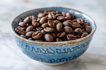 Fototapeta premium Bowl of Fresh Coffee Beans: Ideal for Brewing Your Morning Cup. Concept Coffee, Morning Routine, Fresh Brew, Aromatic Beans, Energizing Start