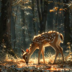 Gentle deer grazing in a peaceful forest, symbolizing harmony with nature. 