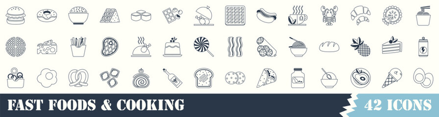 Set of 42 outline icons related to fast foods and cooking . Vector linear icon collection. Editable stroke. - obrazy, fototapety, plakaty