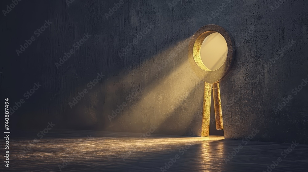 Poster mysterious keyhole with light shining through on dark background, copy space for text placement