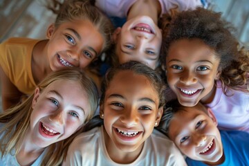 Fototapeta premium A joyful group of children and their friends, all with beaming smiles, showcase their happiness and camaraderie while posing together indoors, showcasing their youthful energy and vibrant personaliti
