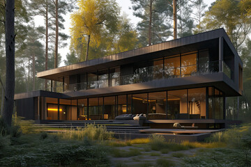 Obraz premium exterior of a modern house in the woods. wooden forest house surrounded by trees