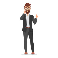 Funny office worker holding phone to talk with business partners vector illustration