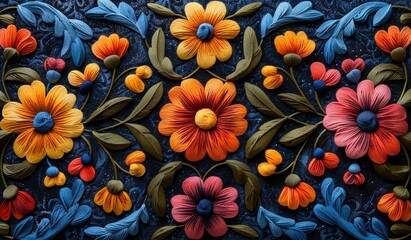 Abstract floral background with flowers, leaves and berries. Colorful floral Mandala, Mexican Folklore, banner for Flores the mayo or Hispanic american heritage month. - obrazy, fototapety, plakaty